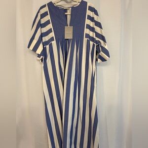 Everlane Poplin Caftan Dress Mazarine Blue/Bone Stripe - Size Medium - NWT